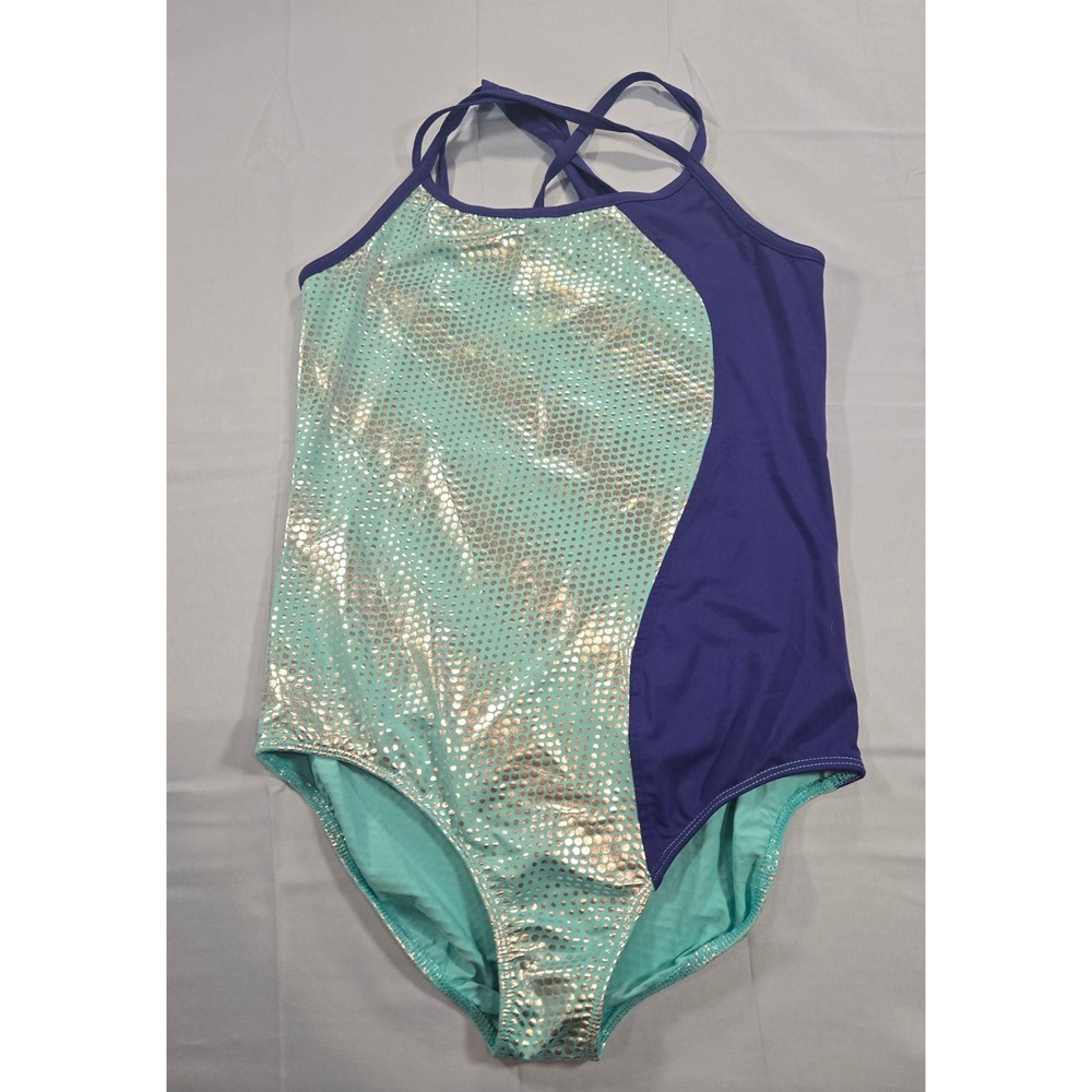 Rainbeau Moves Girls XL Gymnastics Leotard Teal Purple Metallic Foil Dot RB6869G